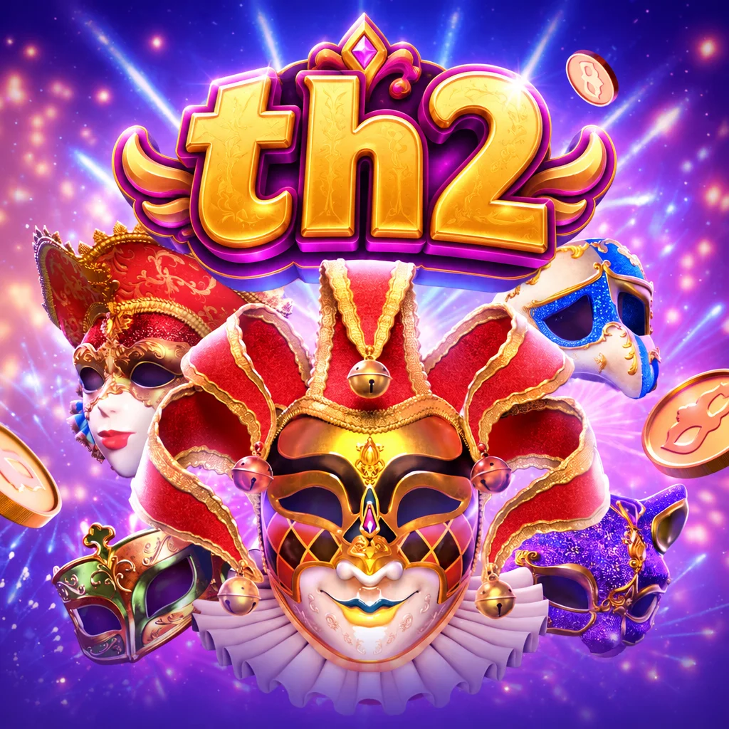 โลโก้ th2 เหนือหน้ากากแฟนซีเทศกาลคาร์นิวัลหลากหลายสีสันและเหรียญทอง